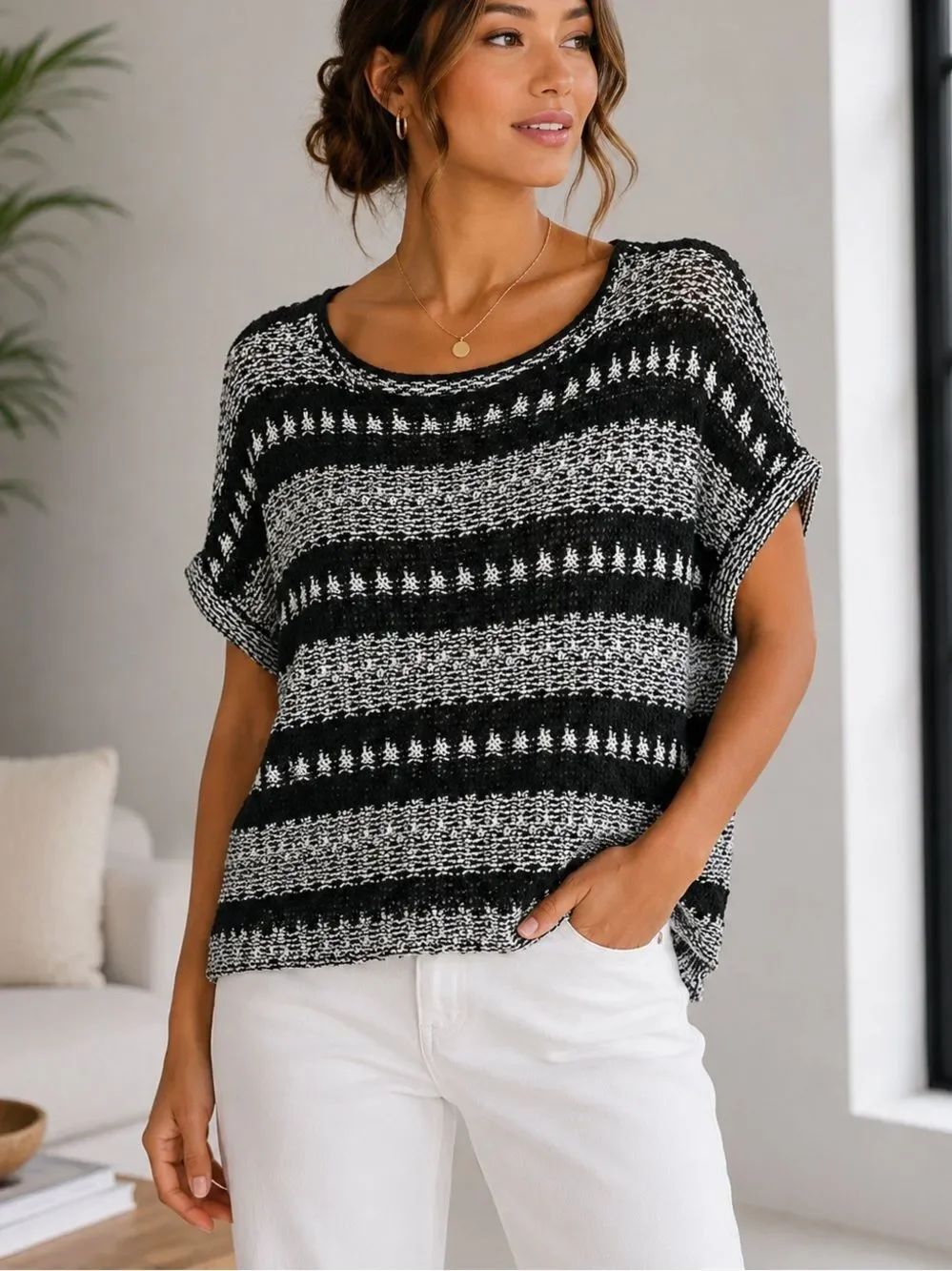 Chico's Black And White Boxy Round Neck Knit Short Sleeve Top Size L